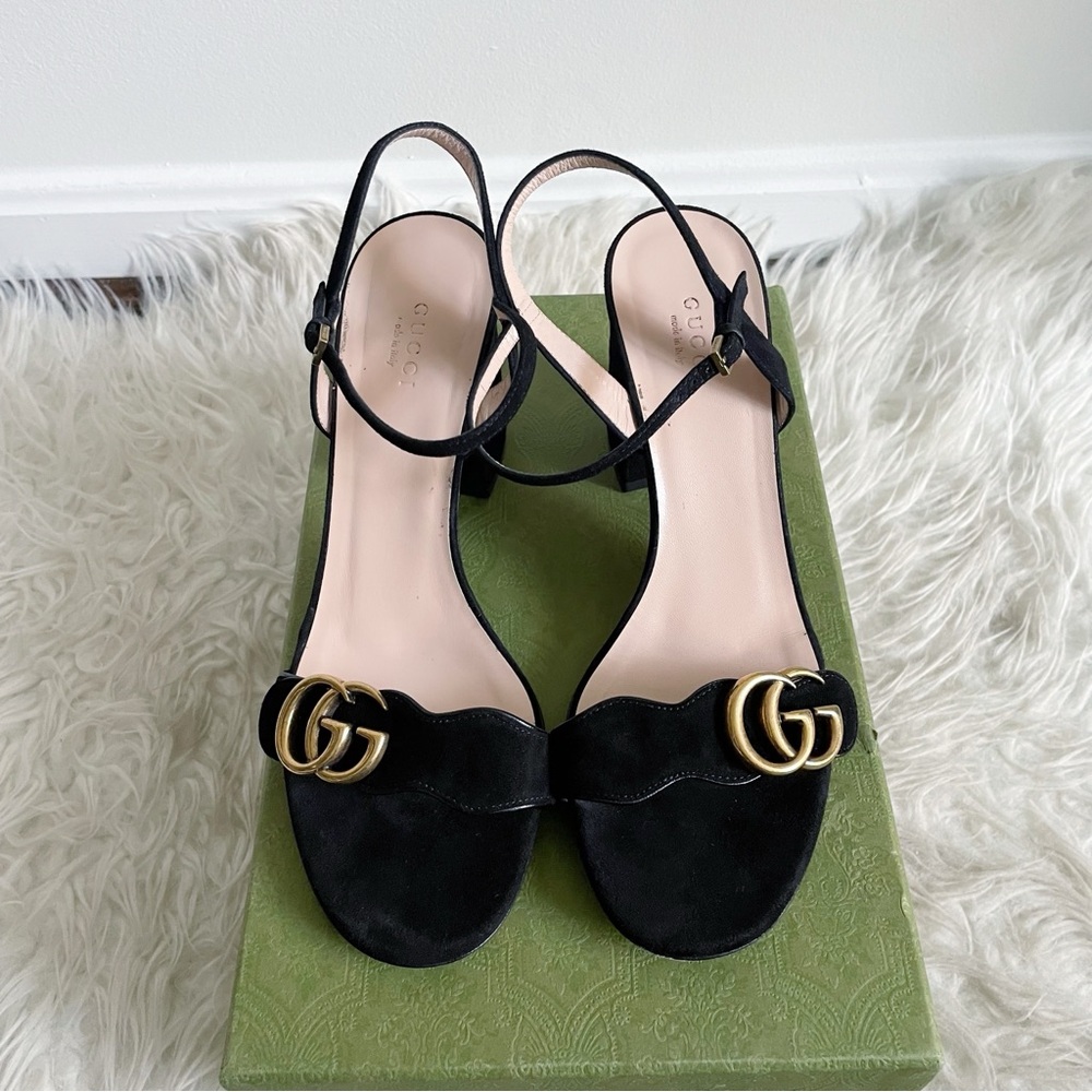 Gucci Marmont Suede Heeled Strappy Sandal GG Gold Logo size 39 - Picture 2 of 10